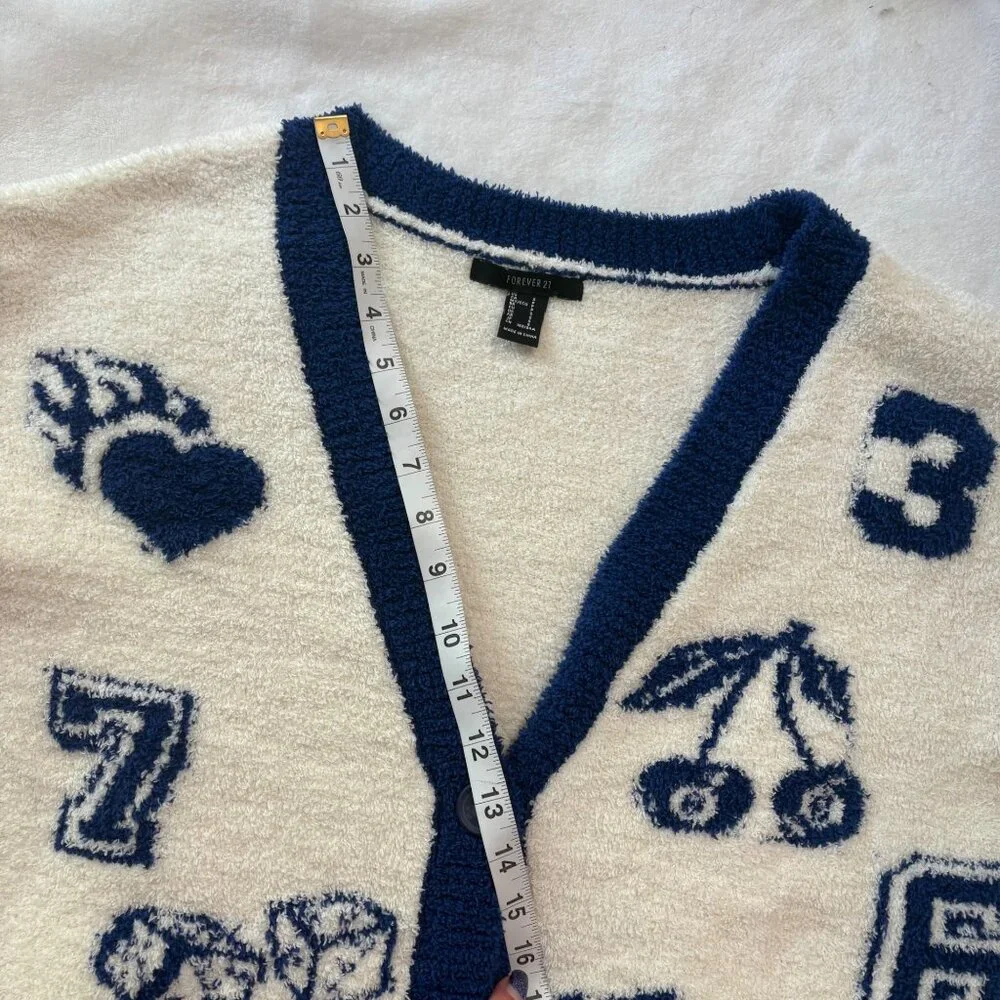 Novelty Boucle Knit Cardigan Cream/Navy Preppy Academia Sweater Forever 21 Sz S